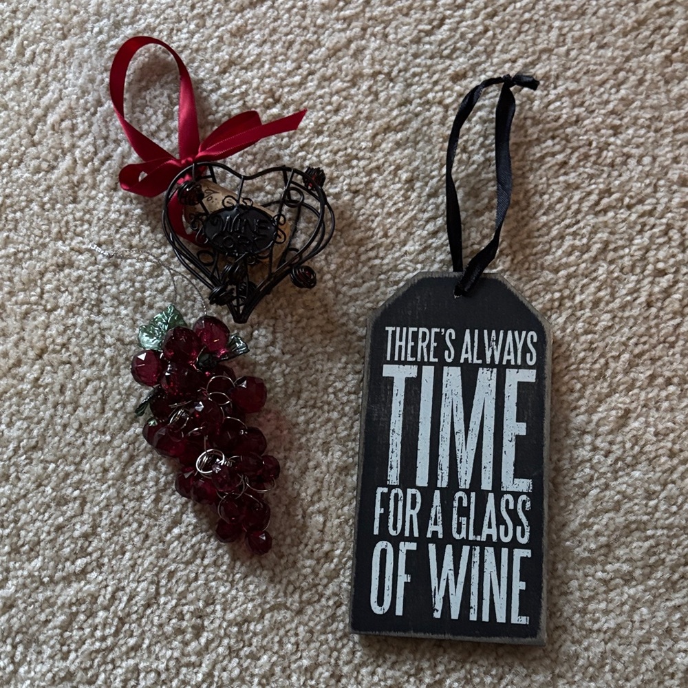 Set of three Wine-Themed Holiday Ornaments and Kitchen Towel